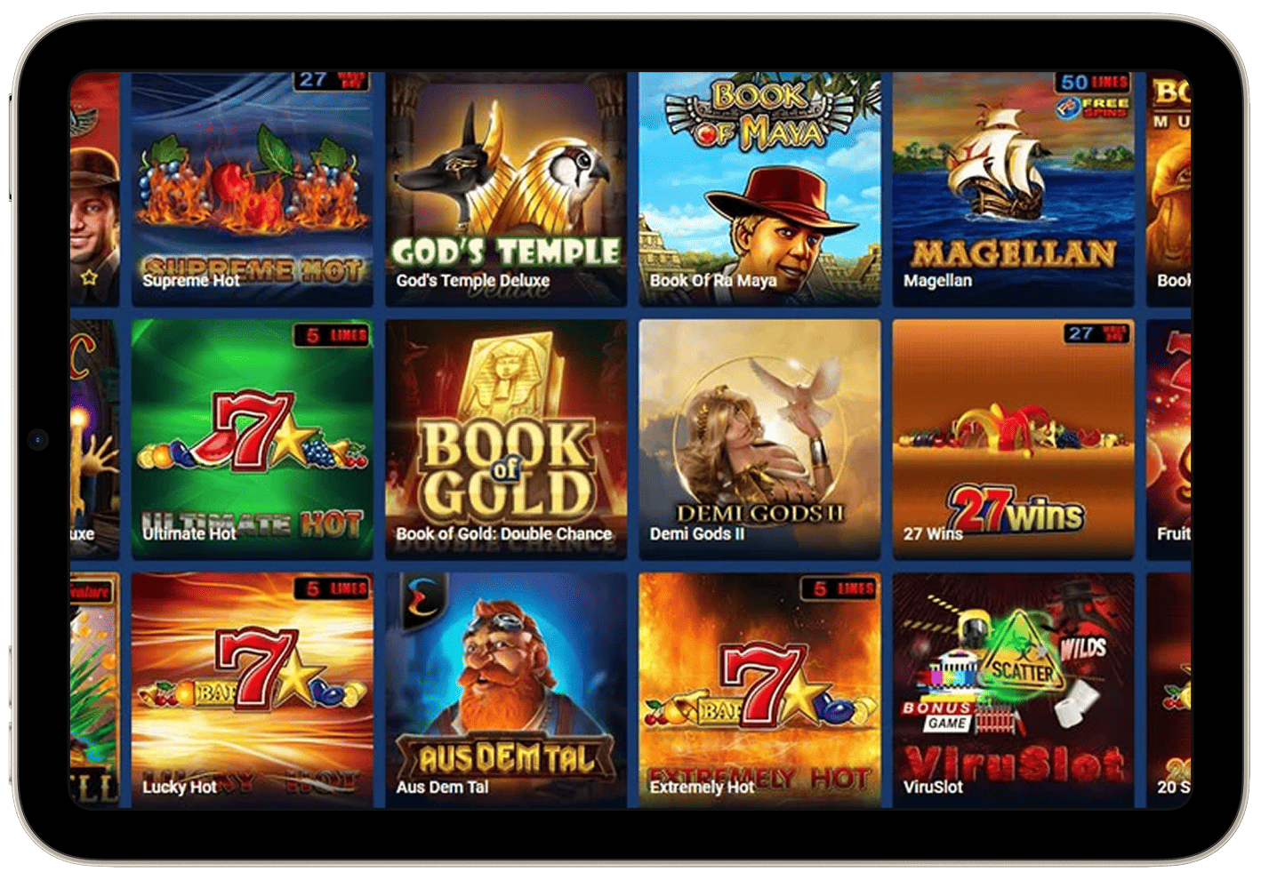 Tablet mockup showing a grid of social casino slot games